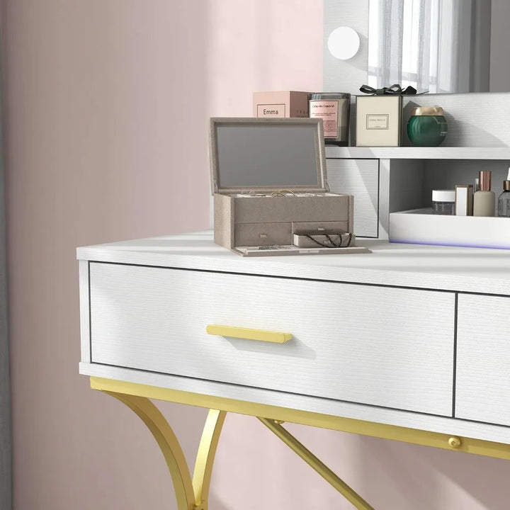 Vanity Table with Lighted Mirror & 10 LED Bulbs – Stylish Makeup Desk with 4 Storage Drawers