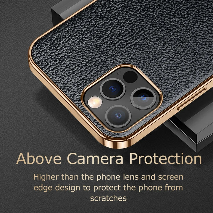 Luxury Leather Texture Phone Case For Iphone 14 Plus 13 12 Mini 11 14 Pro Max X XS TPU Shockproof Plating Frame Protection Cover