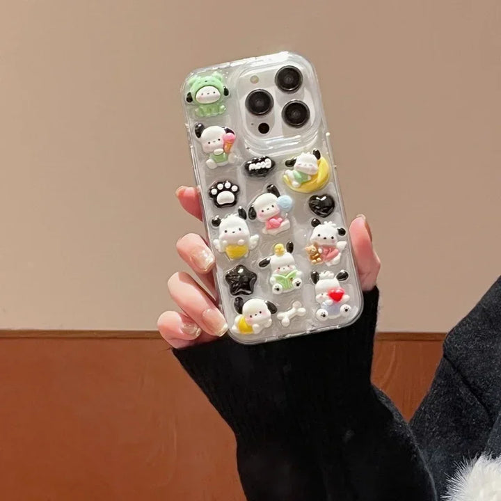 3D Cute Cartoon Sanrio Pochacco Stereoscopic Phone Case For iPhone 15 Pro 14 13 12 11 Pro Max Transparent Hard TPU Cover