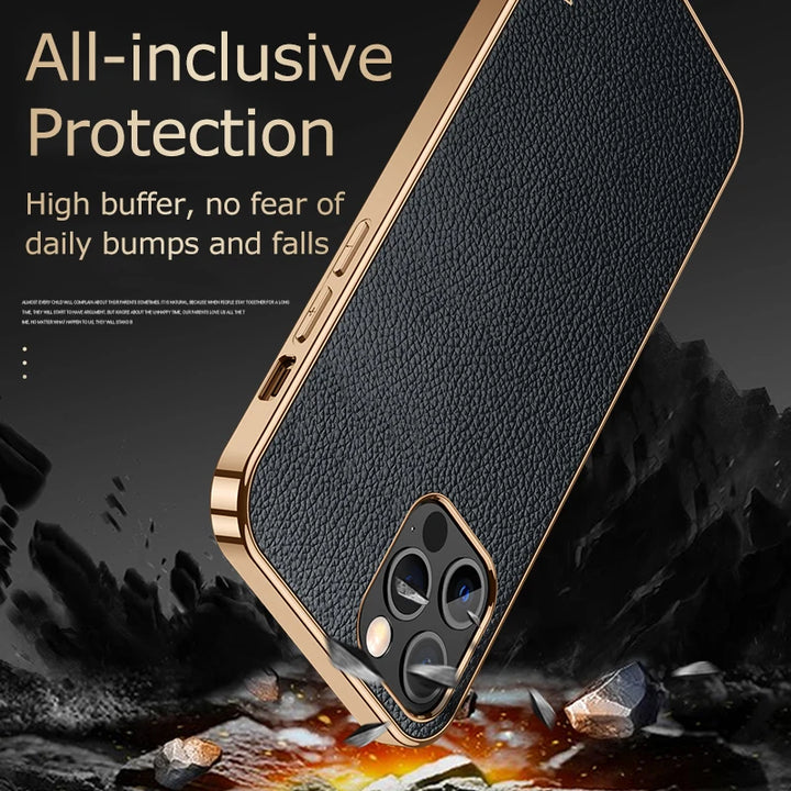 Luxury Leather Texture Phone Case For Iphone 14 Plus 13 12 Mini 11 14 Pro Max X XS TPU Shockproof Plating Frame Protection Cover