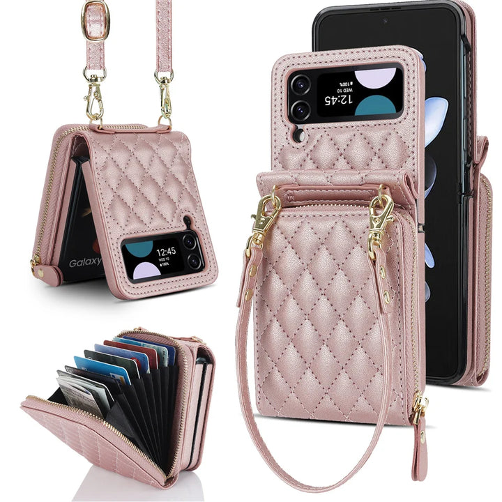 Multi-functional Crossbody Leather Zipper Wallet Cards Solt Case For Samsung Galaxy Z Flip 5 4 3 5G Cover Long Rope Lanyard Card