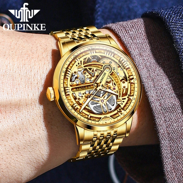 OUPINKE TOP Brand Men's Automatic Mechanical Watch Full Hollow Design