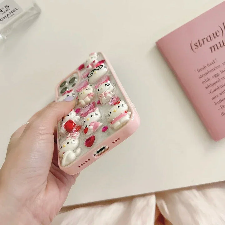 Kawaii Cute 3D Sanrio Hello Kitty Glitter Diamond Transparent  Phone Case For iPhone 15 14 Pro 13 12 11 Pro Max Shockproof Cover