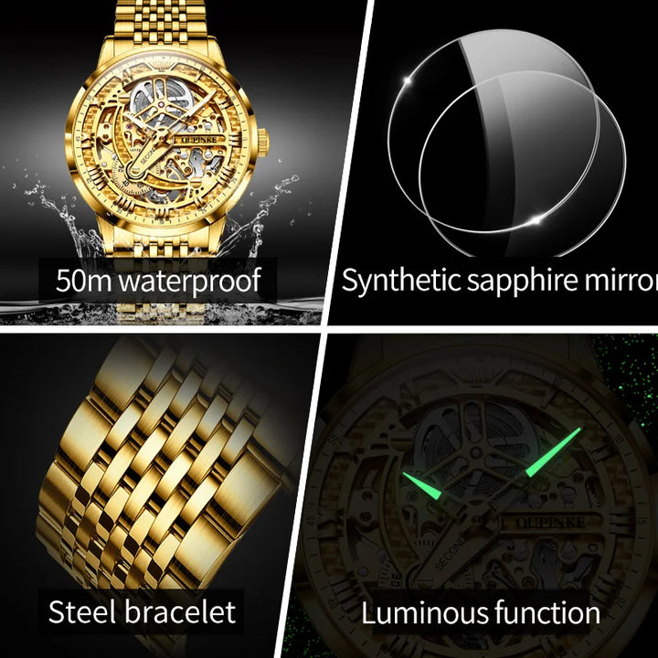 OUPINKE TOP Brand Men's Automatic Mechanical Watch Full Hollow Design