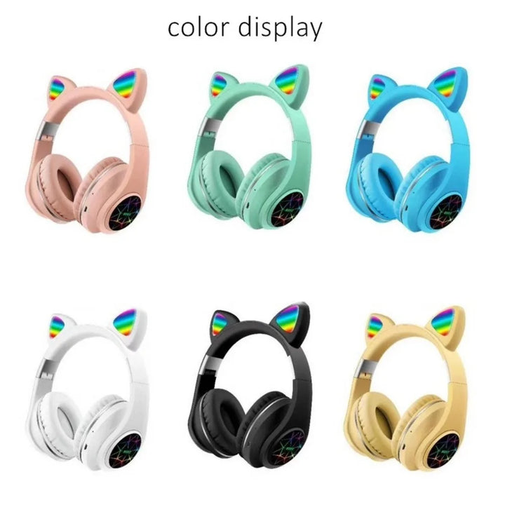 Shoumi Cat Ear Headphones Flashing Light Wireless Headset Bluetooth Cats Earphone LED Flash Helmet with Microphone for Kids Gift