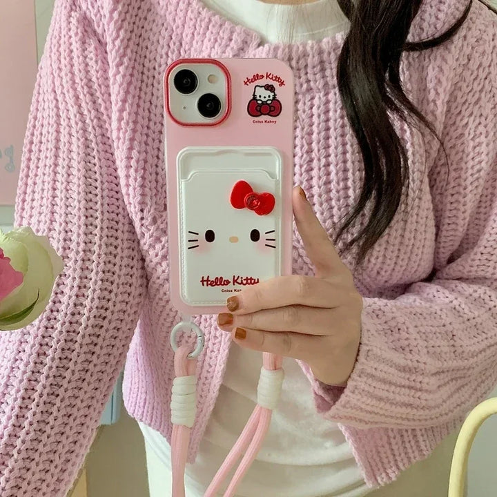 3D Cute Cartoon Sanrio Hello Kitty Card Pocket Phone Case For iPhone 15 14 13 12 11 Pro Max Soft TPU Cover With Pink lanyard