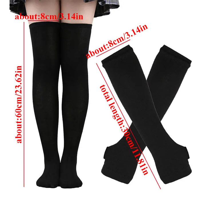 1Set Women Gothic Punk Over Knee Long Stripe Socks Girl Arm Sleeve Emo Gloves Thigh High Cotton Socks Sweet Cute Christmas Gift