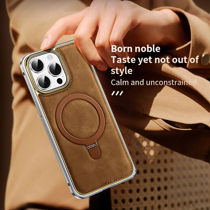 Luxury Business Leather Phone Case For Iphone 14 15 Pro Max Metal Frame Shell Magnetic Stand Phone Cover For IPHON 14 15 Promax