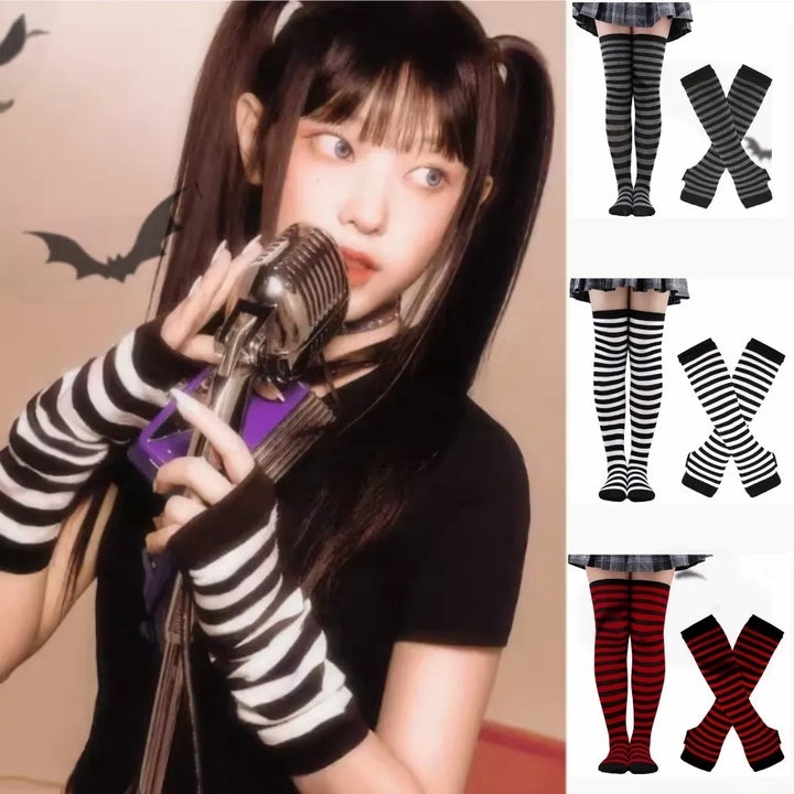 1Set Women Gothic Punk Over Knee Long Stripe Socks Girl Arm Sleeve Emo Gloves Thigh High Cotton Socks Sweet Cute Christmas Gift