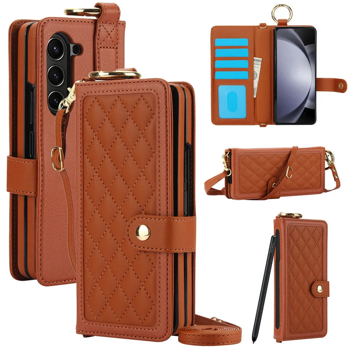 Crossbody Cards Solt Wallet Leather Ring Hold Case For Samsung Galaxy Z Fold 6 5 4 3 5G Wristband Strap S Pen Holder RFID Cover