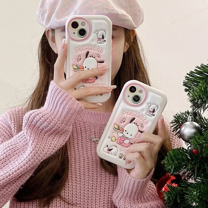 3D Cute Cartoon Sanrio Sweet Cool Pochacco Embossed Leather Phone Case For iPhone 15 14 13 12 11 Pro Max Shockproof Soft Cover