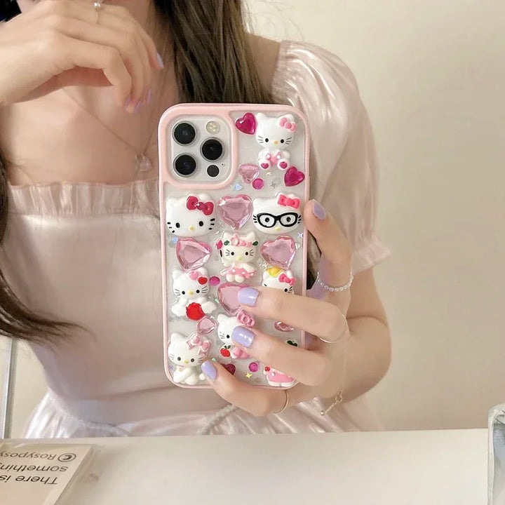 Kawaii Cute 3D Sanrio Hello Kitty Glitter Diamond Transparent  Phone Case For iPhone 15 14 Pro 13 12 11 Pro Max Shockproof Cover