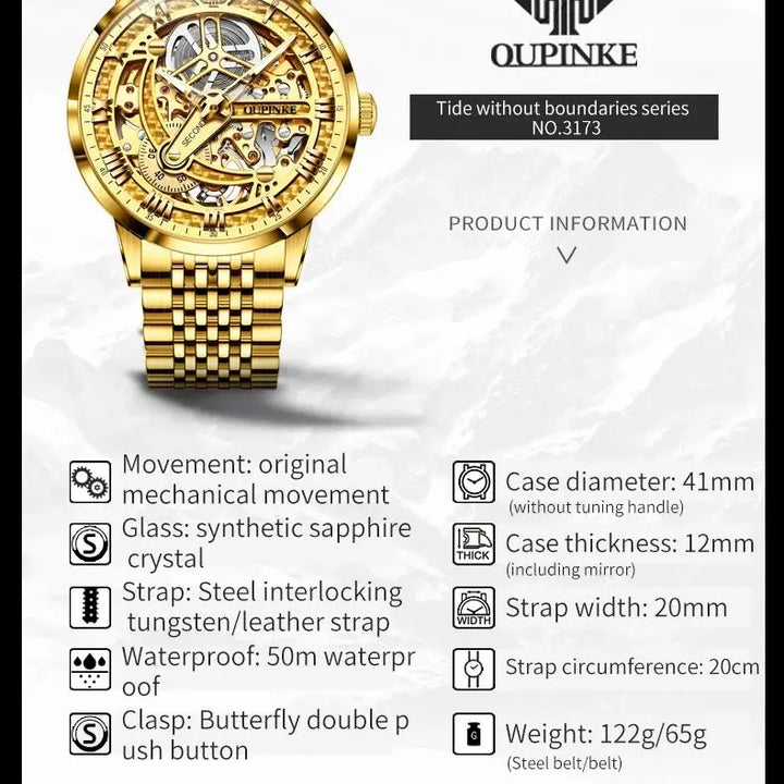 OUPINKE TOP Brand Men's Automatic Mechanical Watch Full Hollow Design
