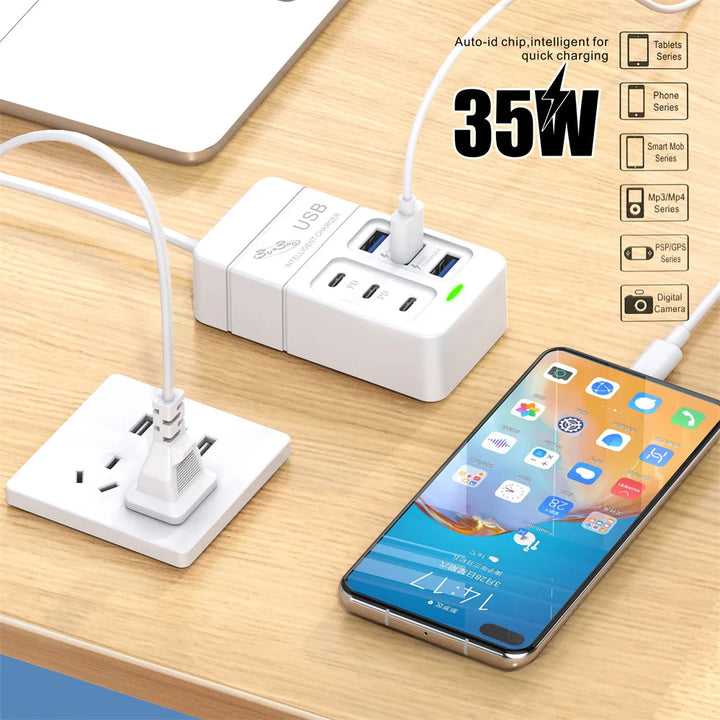 35W USB PD Charger 6 Ports Fast Charging Travel Charger For iPhone Samsung Xiaomi Phone Adapter Quick Charge3.0 Charging Station