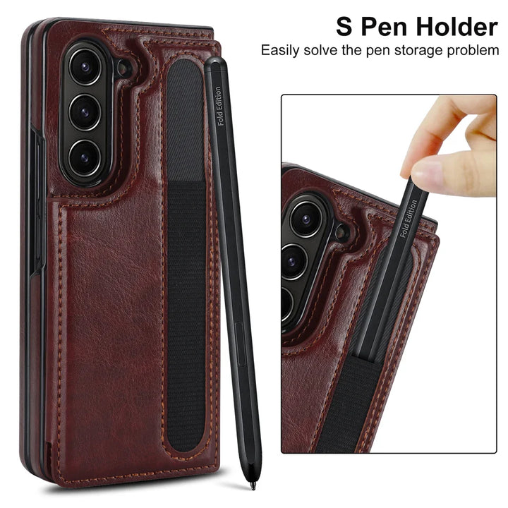 Business Credit Card Holder Pen Slot PU Leather Case For Samsung Galaxy Z Fold 3 4 5 Protective Cover Coque