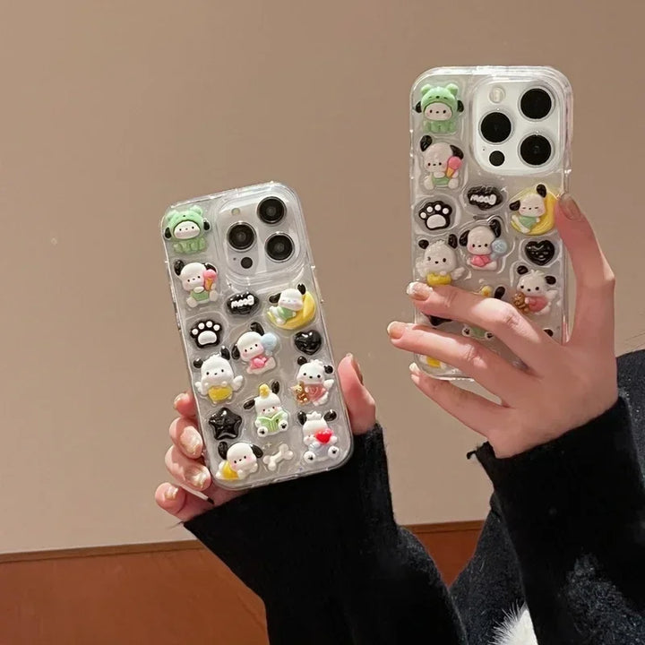 3D Cute Cartoon Sanrio Pochacco Stereoscopic Phone Case For iPhone 15 Pro 14 13 12 11 Pro Max Transparent Hard TPU Cover