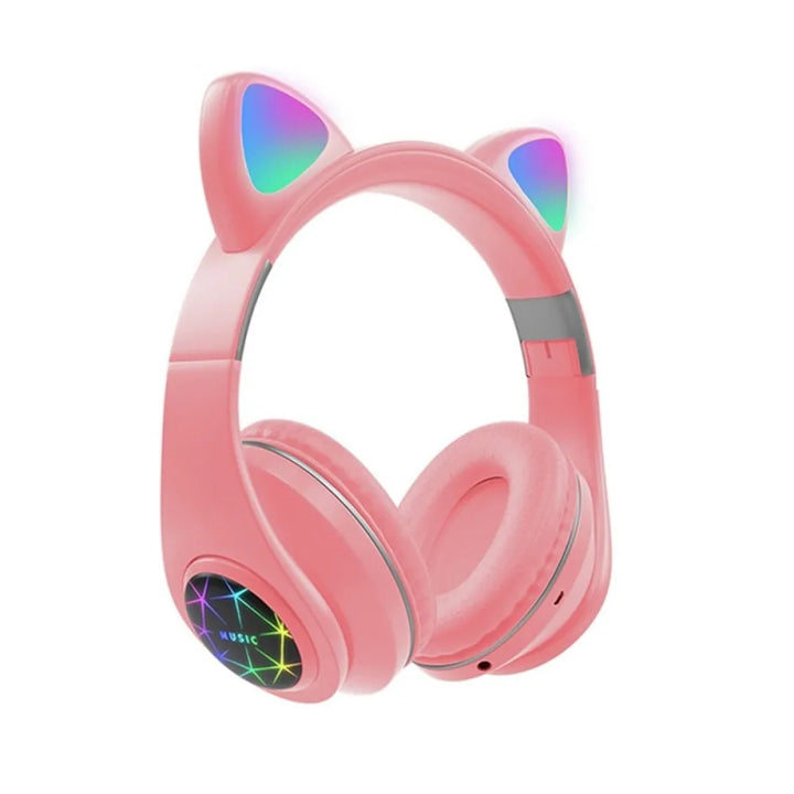 Shoumi Cat Ear Headphones Flashing Light Wireless Headset Bluetooth Cats Earphone LED Flash Helmet with Microphone for Kids Gift