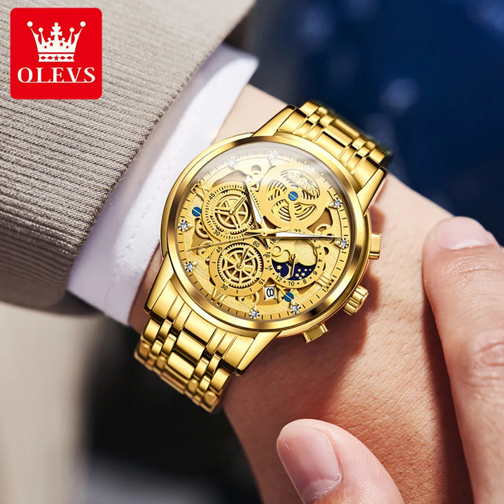 OLEVS Full Skeleton Gold Watch for Men Stainless steel Waterproof Luminous