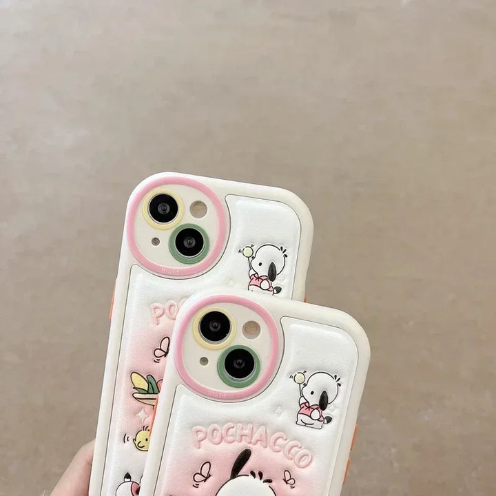 3D Cute Cartoon Sanrio Sweet Cool Pochacco Embossed Leather Phone Case For iPhone 15 14 13 12 11 Pro Max Shockproof Soft Cover