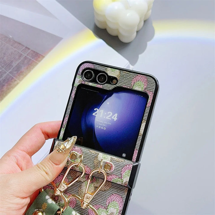 Ethnic Style Flower Shoulder Strap Phone Case for Samsung Z Flip 5 4 3 Vivo X OPPO Find N2 N3 Flip Huawei P50 Pocktet S 5G Cover