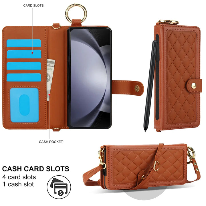 Crossbody Cards Solt Wallet Leather Ring Hold Case For Samsung Galaxy Z Fold 6 5 4 3 5G Wristband Strap S Pen Holder RFID Cover